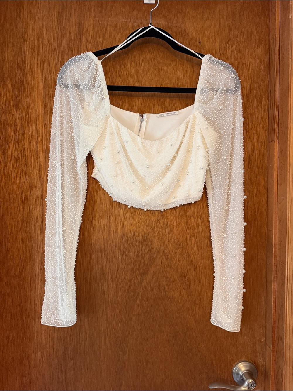 Embellished Ivory Long-Sleeve Cropped Top